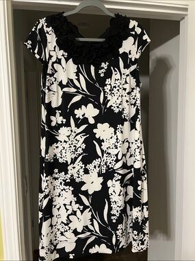 Alfani Black and White Floral Midi Dress with Petal Neckline